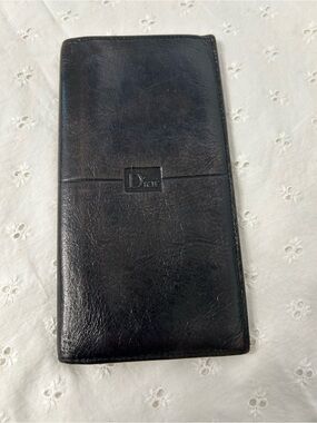 Vintage 90’s Dior Black/Brown  Leather Slim Long Wallet with Embossed Logo